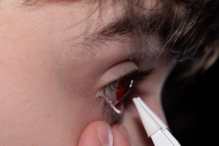 A dramatic scene of applying red liquid to a human eye with hand in dark background