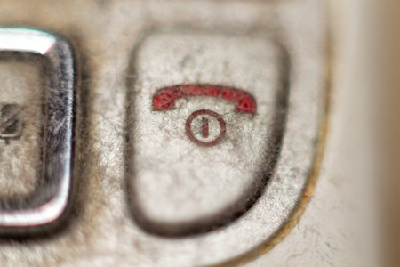 A detailed macro shot of a telephone handset button on a beige background showing fine textures and...