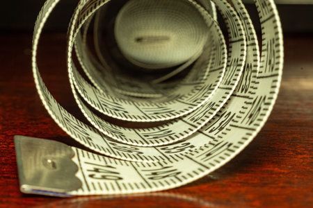 A spiral measuring tape on a wooden surface with depth of field for design projects