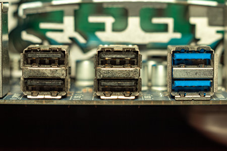 Usb ports on motherboard back panel connection detail for data transfer and technologyの写真素材