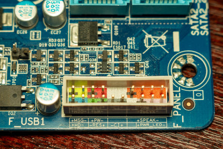 Modern motherboard panel connector with colorful pins detail on dark background