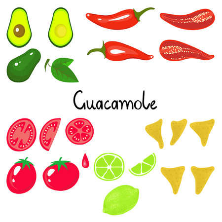 Vegetable collection. Guacamole ingredients set. Vegetable set isolated on white bacのイラスト素材