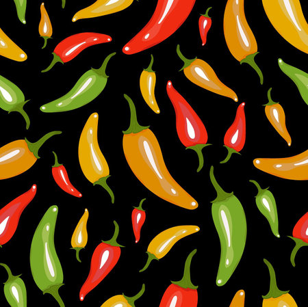 Chilli pepper seamless pattern. Colorful peppers isolated on black background.のイラスト素材
