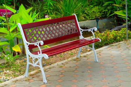 Wooden bench beside walk way              の写真素材