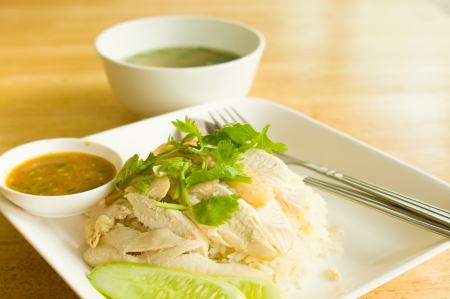 Rice cooked with chicken soupの写真素材