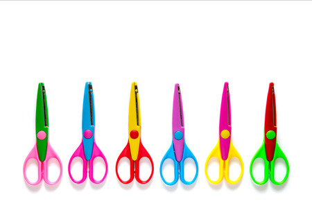 bright colored scissors for children isolated on white backgroundの写真素材