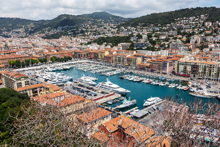 top view of port with yachts in Nice, French Riviera, Franceの写真素材