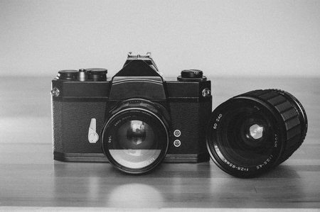 Old slr film camera vintage black and white