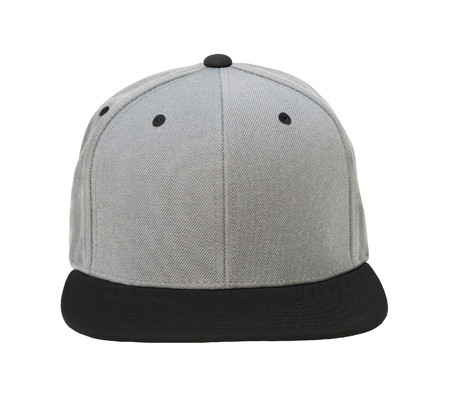 Blank flat snap back gray / black hat front view on white backgroundの写真素材