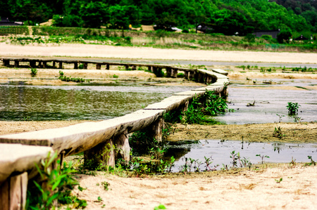 Single log bridge May in Museom Village, Yeongju-si, Koreaの写真素材