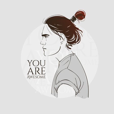 Handsome young man with long hair. Hipster hairstyle topknot . Vector fashion hand drawn illustration.のイラスト素材