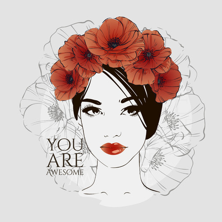 Portrait of young beautiful woman with red poppies in hair. Vector hand drawn illustration.のイラスト素材