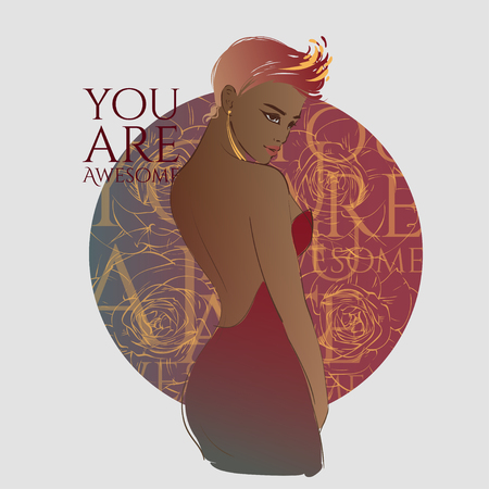 Beautiful young women with shot bright hair in a fashion evening dress. Hand drawn vector illustrationのイラスト素材