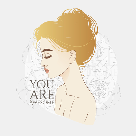 Beautiful woman with retro shell hairstyle, hand drawn line vector fashion illustration.のイラスト素材