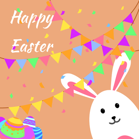 Funny and Colorful Happy Easter greeting card and party with rabbit, bunny illustration,eggs, banner, flag, confetti party and textのイラスト素材