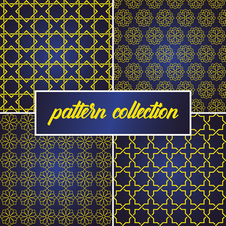 set or collection of seamless and abstract pattern background in arabic style, can use for ramadan kareem and eid mubarak topic. gold pattern with blue gradientのイラスト素材