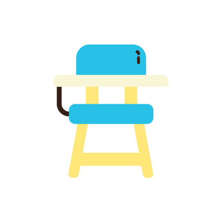 chair with a blue seat and backrest, a light yellow tray, and light yellow legs, all outlined in dark brown.のイラスト素材