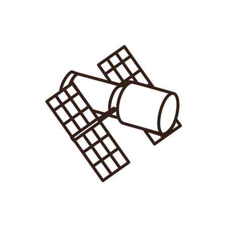 line art of a cartoon-style satellite with a light green cylindrical body and two rectangular solar panels featuring blue cells and dark blue outlines in doodle styleのイラスト素材