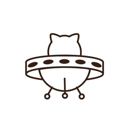 line art of cartoon-style brown flying saucer with a grey rim featuring purple and dark grey circles, and a light blue cat-like head visible in its cockpitのイラスト素材