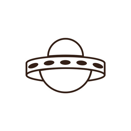 line art of cartoon-style brown flying saucer with a grey rim adorned with purple circles and a light blue dome on topのイラスト素材