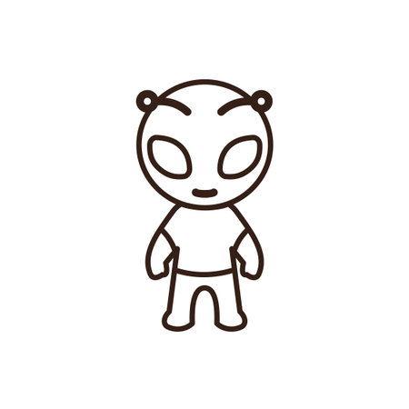 alien character with a green body, wearing a yellow t-shirt. The alien has large, dark brown oval eyes, a small smiling mouth, and two small pink antennae-like bumps on its headのイラスト素材