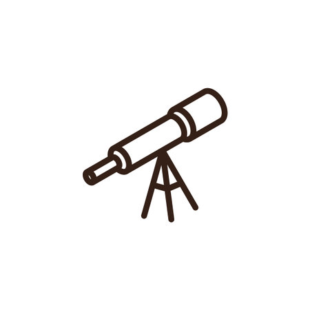 telescope with a blue barrel and a dark brown tripod stand. The telescope has a simple, bold outline and is set against a white background.のイラスト素材