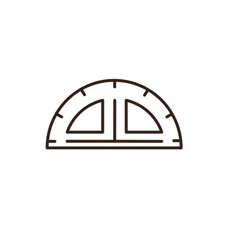 protractor, colored orange with dark brown outlines, featuring measurement markings along its curved edge and two triangular cutouts in its centerのイラスト素材