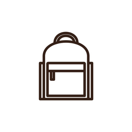 backpack. It features a main body in a light orange or peach color with dark brown outlines. There's a handle at the top and a rectangular front pocket, also outlined in dark brown, with a small zipper pull visible on the left side. The overall style is simple and iconic.のイラスト素材