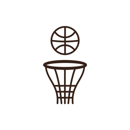 basketball and a hoop on a white background. An orange basketball with black lines is positioned above a brown basketball hoop with a net. The design is clean and features dark outlines around the elements.のイラスト素材