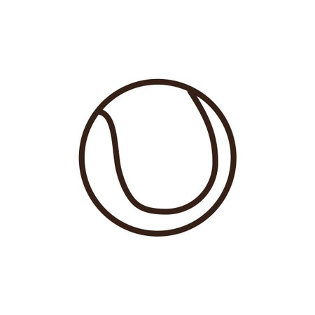 tennis ball. It is predominantly a vibrant lime green color, with a distinctive light beige or off-white curved line pattern on its surface, characteristic of a tennis ball. The entire ball has a dark brown outline, and it is set against a solid white background.のイラスト素材