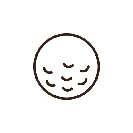 This image displays a stylized golf ball. It is a light cream or off-white colored sphere with several small, dark brown, crescent-shaped markings scattered across its surface, representing the dimples of a golf ball. The entire ball has a dark brown outline, and it is set against a solid white background.のイラスト素材
