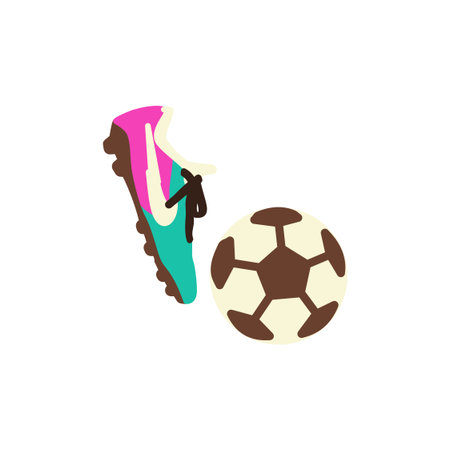The image displays a colorful, cartoon-style illustration of a soccer cleat and a soccer ball on a white background. The cleat, positioned on the left, features shades of pink, teal, and brown. To its right is a soccer ball with a classic hexagonal pattern in brown and off-white. Both items have a dark outline, giving them a distinct, doodle-like appearanceのイラスト素材