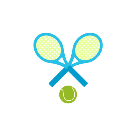 two tennis rackets crossed in an 'X' shape, with a tennis ball positioned below their intersection, all on a white background. The rackets have light green faces with a grid pattern, dark frames, and blue handles. The tennis ball is light green with a subtle white highlight. All elements are outlined in a dark color, giving them a distinct, graphic appearance.のイラスト素材