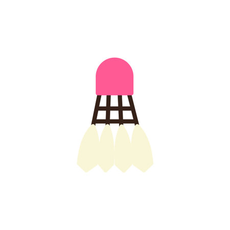 stylized shuttlecock, commonly used in badminton. It features a pink cap at the top, followed by a dark brown grid-like structure. Below this, there are several light beige or off-white feather-like shapes, each outlined in dark brown, forming the base of the shuttlecock. The overall style is clean and graphic, set against a solid white background.のイラスト素材