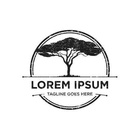 Acacia tree vector silhouette, African tree in emblem style, vintage, retro, stampのイラスト素材