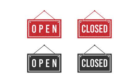 Open and close board symbol hanging. Open and close icon. Open and close hanger board icons. Open close sign on wooden board.のイラスト素材