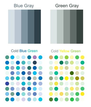 Blue gray, green gray harmony solutions set palettes. Creative color trends 2019-2020 for interior, fashion and any design art for designers and architects, for home and business ideas.のイラスト素材
