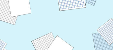 Back to school banner math notes black outline digital illustration. Squared note blank sheets lay on the surface horizontal wide blue background. Copy space template for school lettering and insert object. Flat lay notebooks digital banner.の写真素材