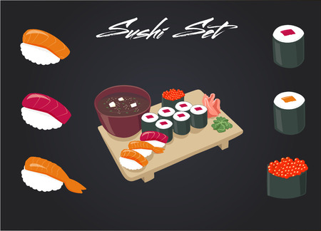 Sushi set. Soy sauce and sushi roll. Japanese food. Vector cartoon. friends forever. Comic characters.のイラスト素材