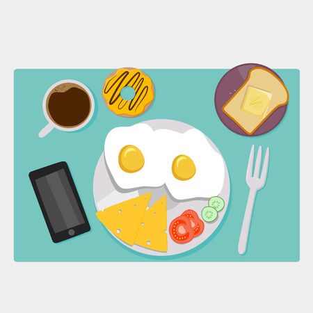 Breakfast icons flat set with coffee time corn flakes bed isolated vector illustrationのイラスト素材
