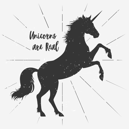 Vector black silhouette of a unicorn on a grey backgroundのイラスト素材
