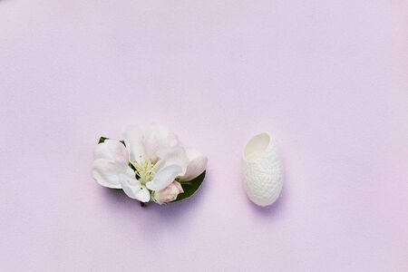 silkworm cocoons and flower on a pink background, top view, copy space