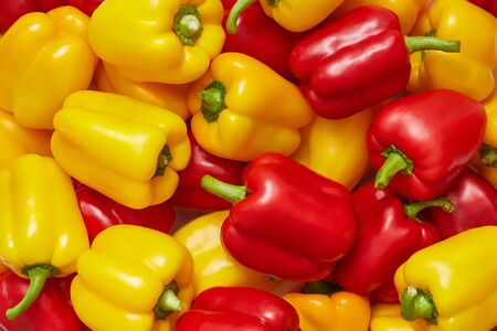 Fresh colorful bell peppers, natural background. Top view. Postcard or photo for oilcloth on the table. Horizontal image.の写真素材