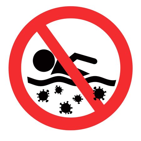 Prohibition sign. A man swims in infected Covid-19 waterの写真素材