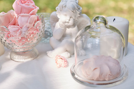 decor in shabby chic style statue and marshmallowsの写真素材