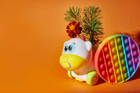 toy pop it and toy cow on orange backgroundの写真素材