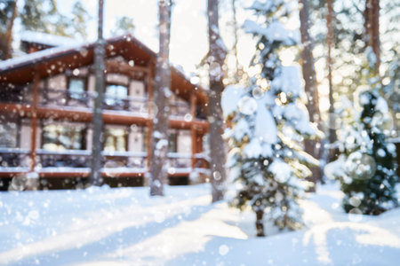 Snowfall. Winter background with a defocused country house. Copy space.の写真素材