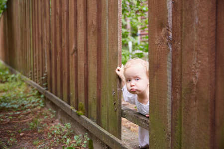 bored child looks through a hole in a brown fence. Summer day.の写真素材