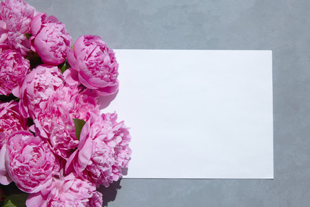 white paper on a gray background and a bouquet of pink peoniesの写真素材