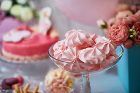 pink marshmallows on a candy bar decorated on a sweet tableの写真素材